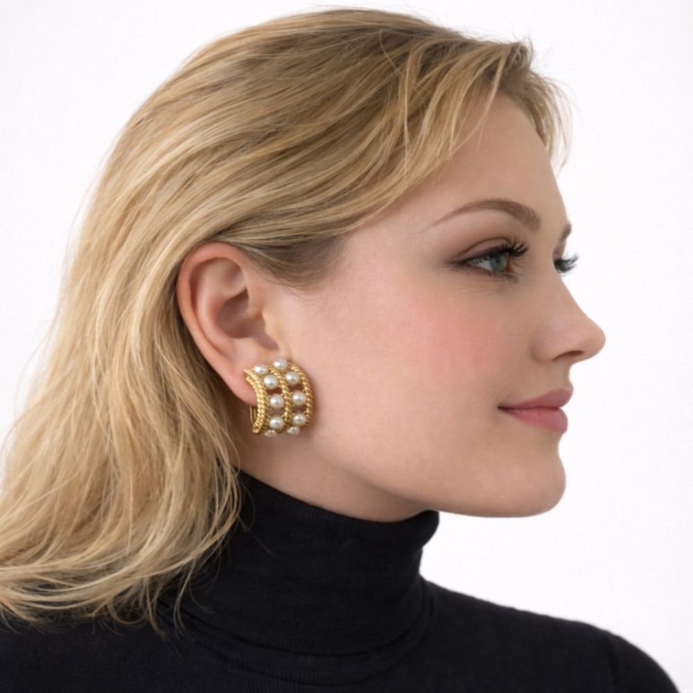 Vintage Givenchy Gold Ribbed Pearl Clip Earrings 1980s Designer